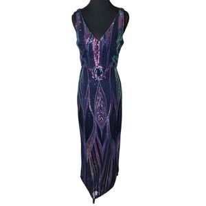 NIGHTWAY Evening Gown Sz 4 Iridescent Metallic Thigh Slit Art Deco Formal NY Eve